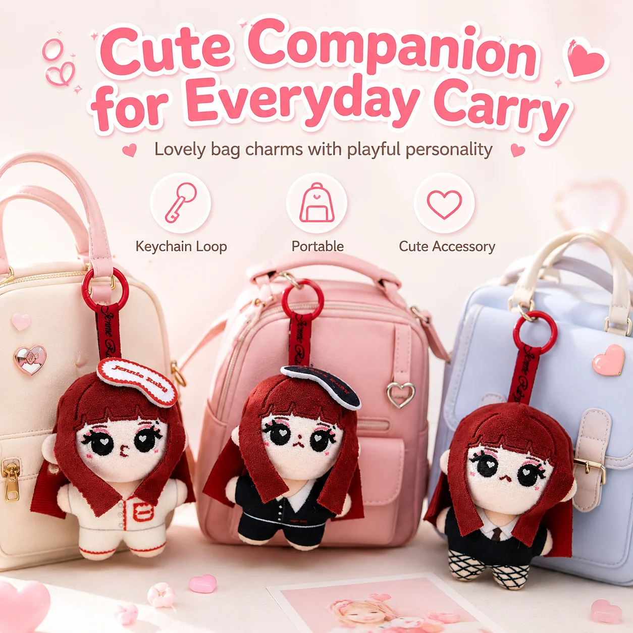 Cute Jennie Ruby Plush Keychain Red Brown Hair Girl Bag Charm Heart Eye Stuffed Toy Pendant Viral Trending Gift view 2