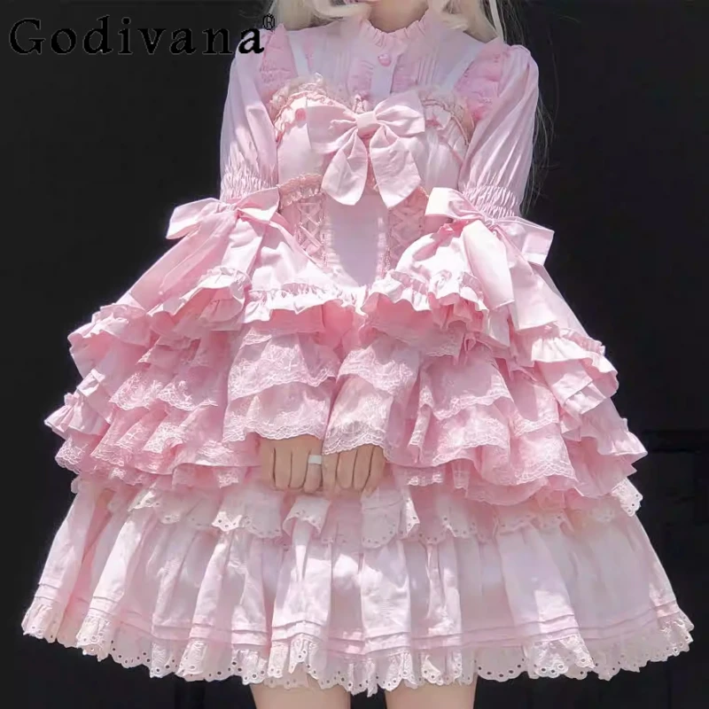 Elegant Sweet Lolita Stand Collar Cute Flare Sleeve Solid Color Versatile Shirt Girl Long Sleeve Lace Ruffles Heavy Industry Top