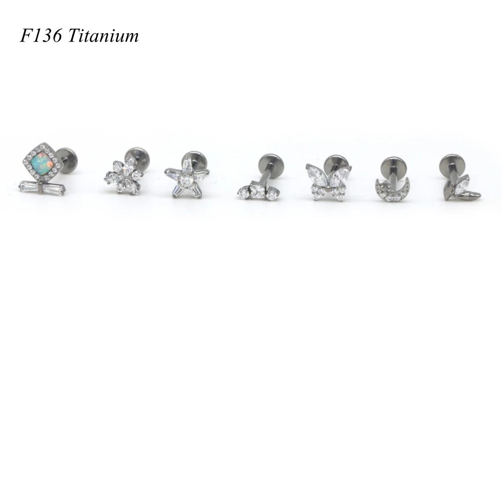 

14Pcs Titanium Lip Stud Ear Nail Ring Tragus Butterfly PVD Gold Color Labret Bar Body Piercing Jewelry 16g Opal Clear Zircon