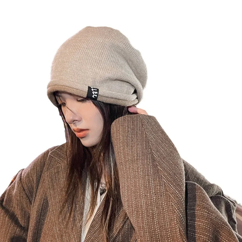 Women's Korean Knit Beanie, Fall Winter Rolled Label Slouchy Hat, Warm Cozy Pull-On Cap, Trendy Viral Stacked Skull Cap