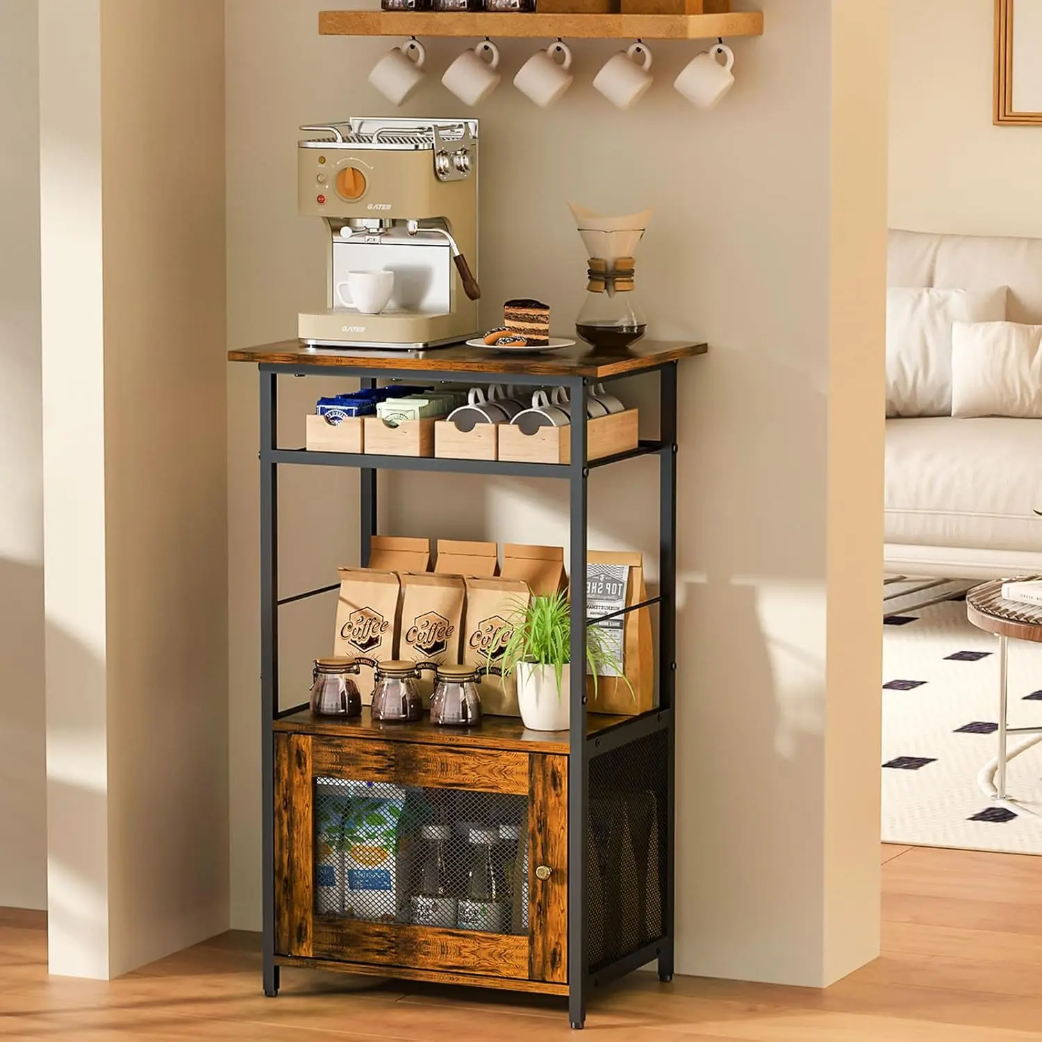 

3-Tier Farmhouse Coffee Bar Station with Storage Cabinet, Microwave Stand for Kitchen Living Room