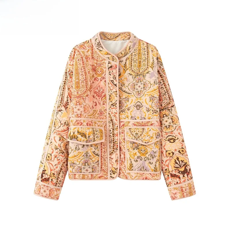 

ZBZR Autumn New Loose Fit Printed Cotton Jaet Women's Faion Design Collarl Versatile Long Sve Commute Sle Coat