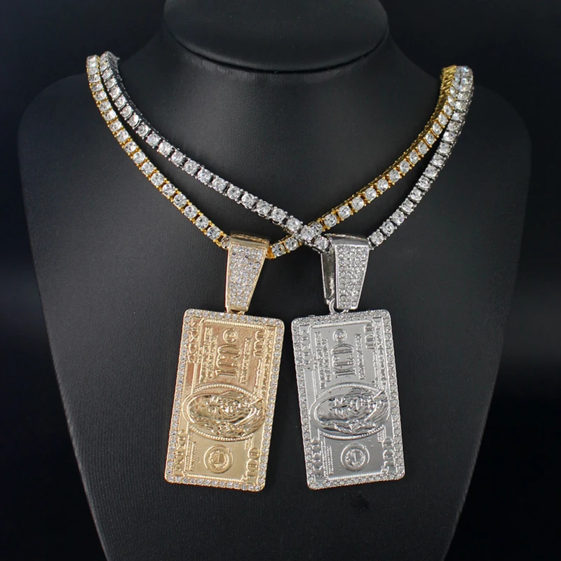 Men Women Hip Hop One Hundred Dollar Large Bill Money Pendant Necklace With Tennis Chain HipHop Necklaces Fashion Charm Jewelry