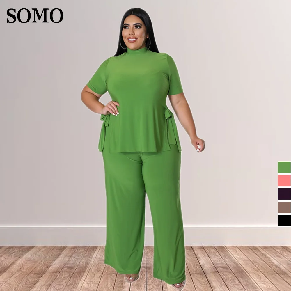 

Casual Bandage Top Long Pants Oversize Matching Outfits Short Sleeve Plus Size Two Piece Sets Solid Color Wholesale Dropshipping