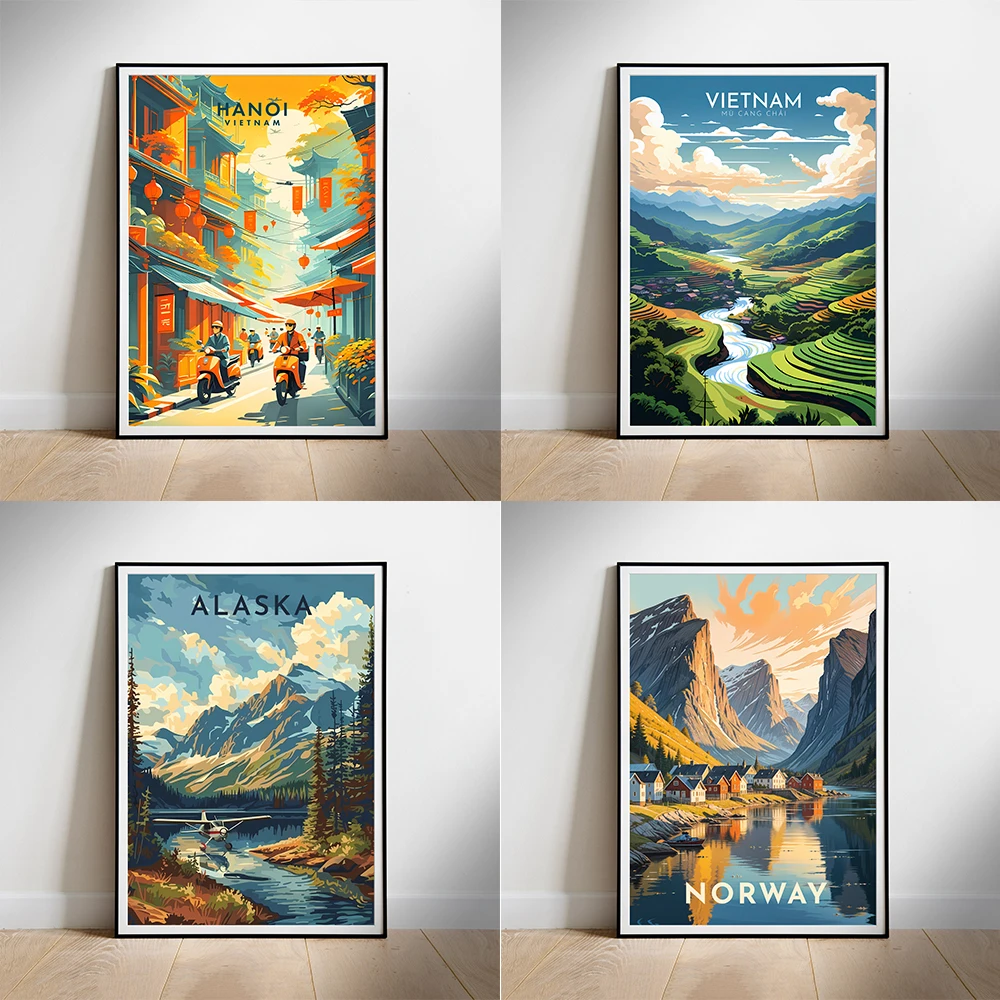 1 Stück rahmenloser Vietnam-Reiseposter, Kunstdrucke, Wandkunst, Retro-Reiseposter, Vietnam, Hanoi, Landschaft, Wanddruck, Kunst, Leinwandgemälde, H