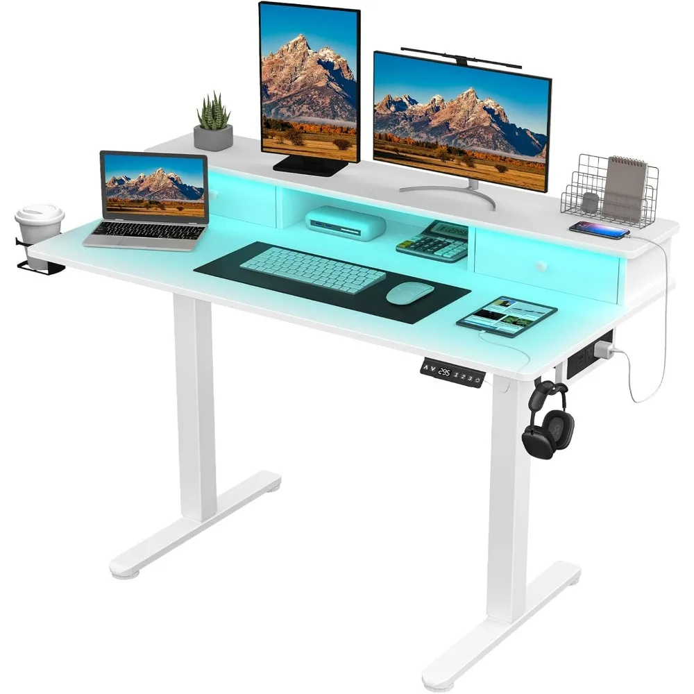 Electric Standing Desk Adjustable Height, LED Stand Up Desk with Drawers and Charging Station 48 Inch Ergonomic Sit Stand Table
