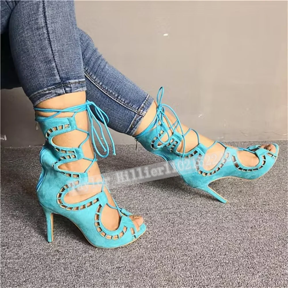 Blue Open-Toe Criss-Cross Strap Sandals Women'S Peep-Toe Stiletto Heels T-Stage Show Back Zip Sandals Boots Zapatos Mujer 46 - view 3