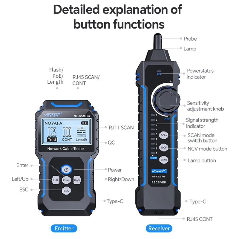 NOYAFA NF-8209Pro Network Cable Tester Cable Tracker Cat5 Cat6 PoE Tester Detect Length Continuity Test with NCV & Lamp