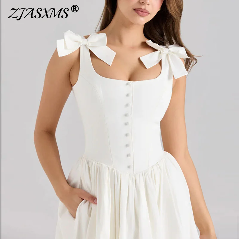 ฤดูร้อนใหม่สแควร์คอชุดชายหาด Elegant Bowknot Lace Up ชุดราตรีแฟชั่นซิป A-Line Office Lady Dress