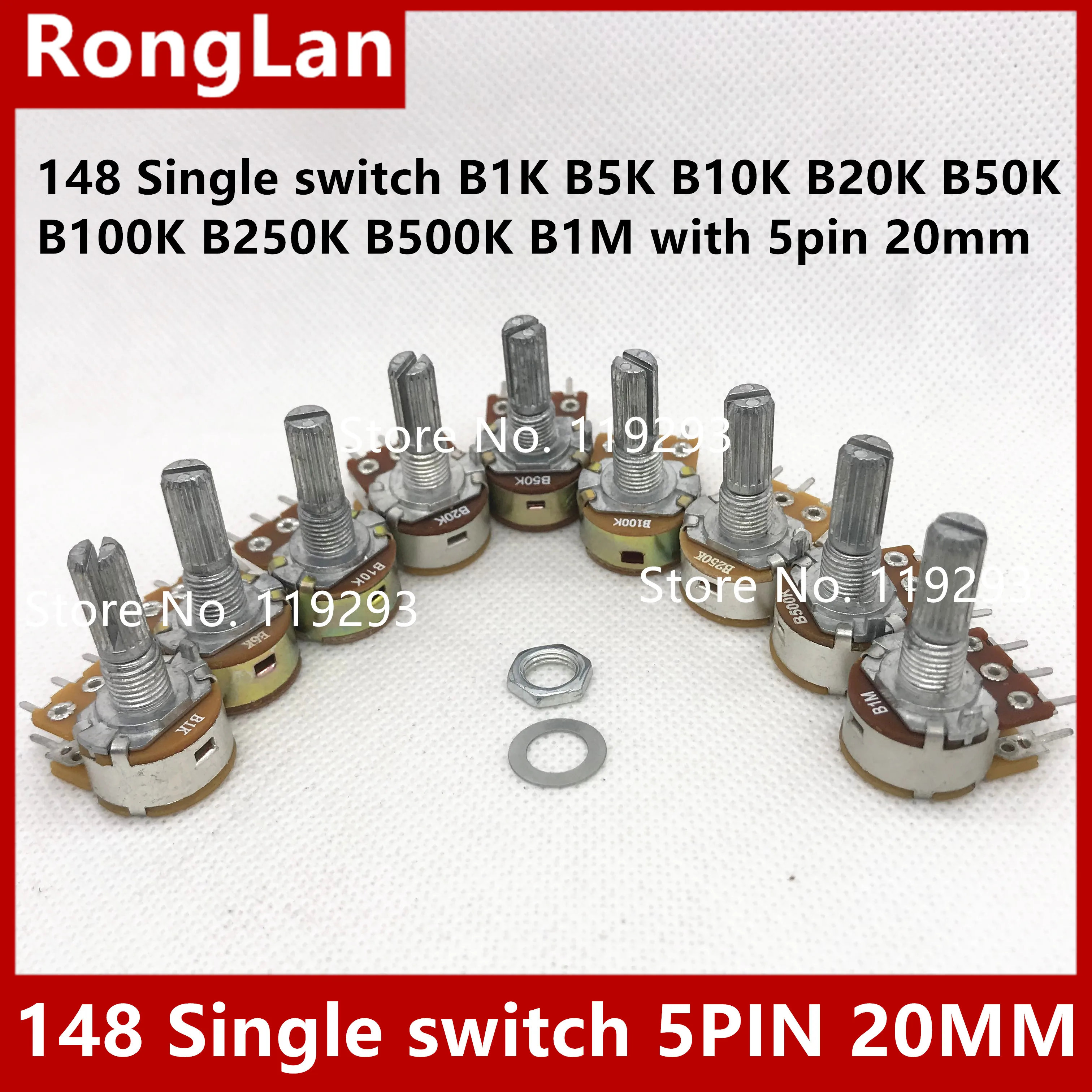 adjustable resistance potentiometer humidifier 148 with switch B1K B5K B10K B20K B50K B100K B250K B500K B1M with 5pin 20mm-50pcs