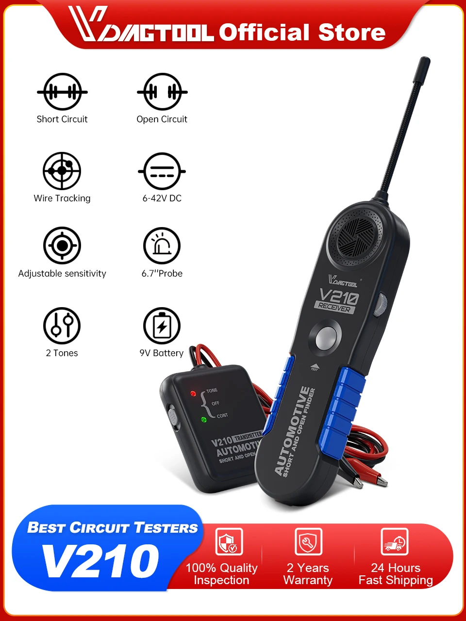 VDIAGTOOL V210 Tester obwodów samochodowych, lokalizator wyłączników, tester elektryczny, wykrywacz przewodów, lokalizator zwarć i odwodzeń, DC 6-42V — zdjęcie 2