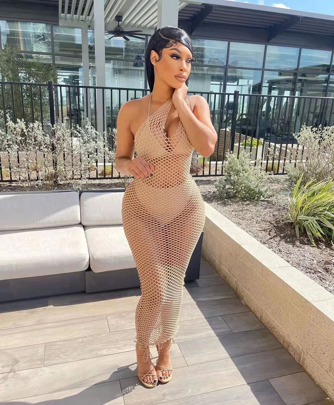Casual Knitted Fishnet Beachwear Summer Long Dress Women 2022 Sexy One Shoulder Hollow Out See Through Party Club Maxi Dresses