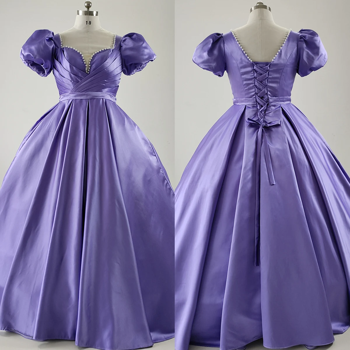 

Real Photo Evening Dress Purple Satin Short Sleeves Pleat A-Line V-Neck Lace Up Floor-Length Plus Size Party Dresses Woman XE090