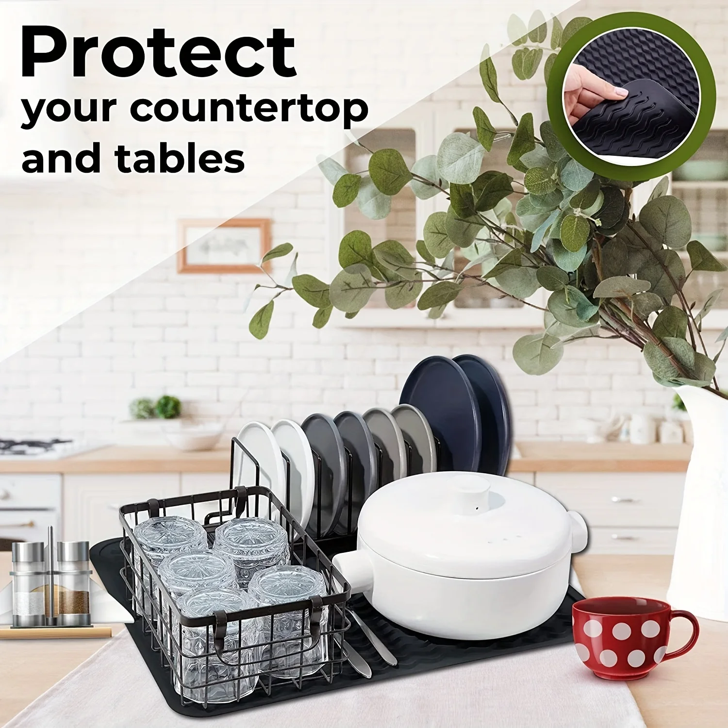 large size，Eco-friendly silicone dish drying mat; reusable, anti-slip, heat resistant, quick-draining dish mat; dishwasher safe