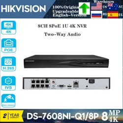 Original Hikvision 4K 8MP DS-7608NI-Q1/8P Two-Way Audio 8 Channel 1U 8PoE 4K NVR H.265+ Plug and Play Network Video Recorder