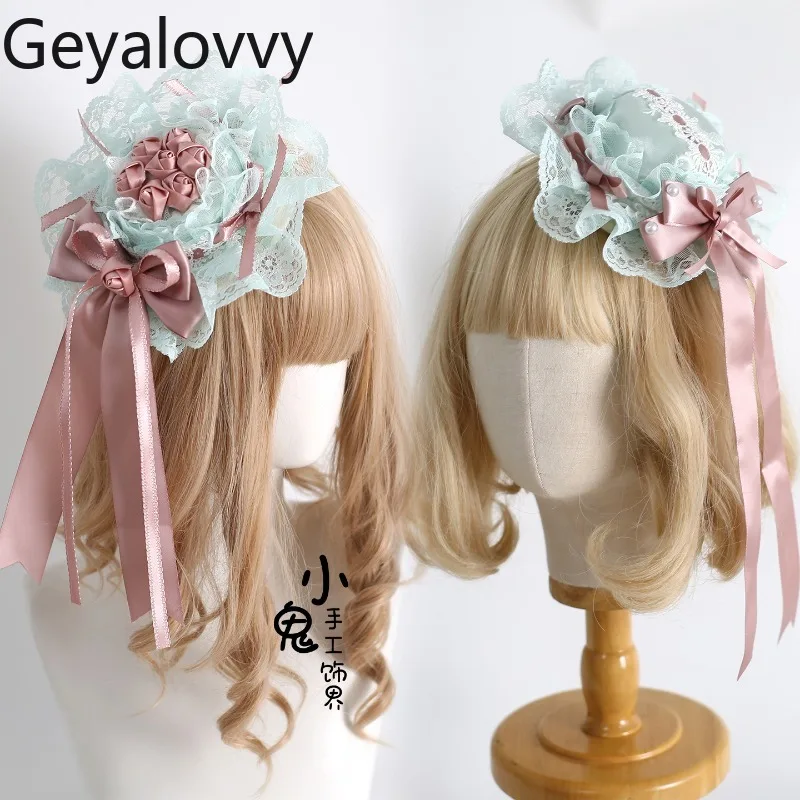 

Original Lolita Cute Sweet Girls Bow Lace Choker Japanese Handmade Hat Headband KC Color Block Hair Clips Accessories