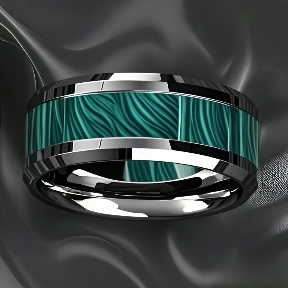 Wholesale 8MM Imitation of Peacock Stone Inlay Men's Stainless Steel Rings Silver Color Wedding Band Jewelry for Men Steel Ring