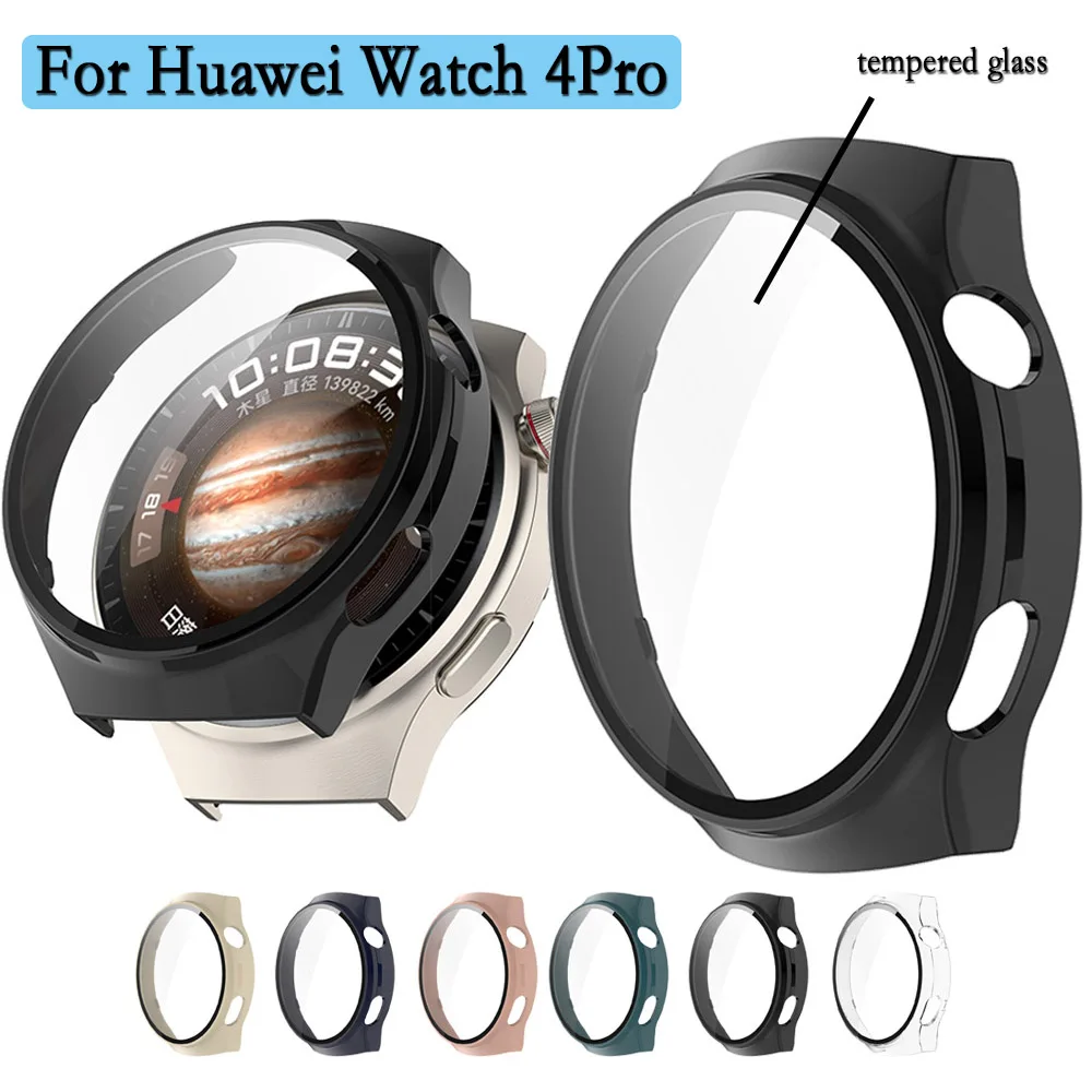 Funda rígida de PC de cobertura completa para Huawei Watch 4 Pro SPACE/Mras, película protectora de pantalla de vidrio templado de alta calidad