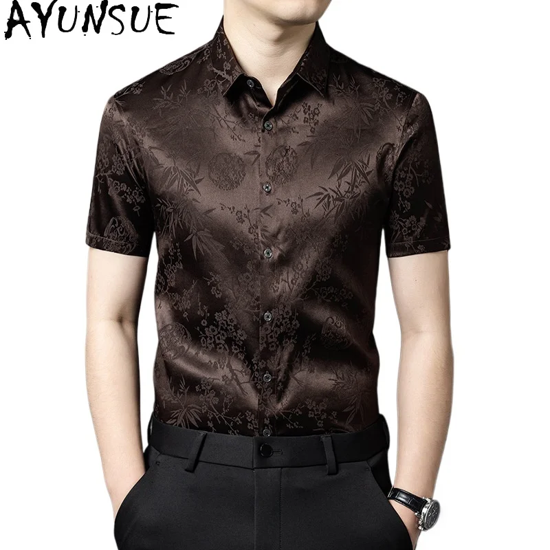 

AYUNSUE 90.8% Real Mulberry Silk Shirts for Men Summer Tops Short Sleeve Shirts Lapel Fashion Satin Shirts Streetwear Camisas