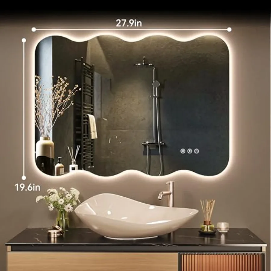 Wavy Full Length Mirror with Lights - 28"×20" LED Wavy Floor Mirror Frameless Dimmable Standing or Vertical/Horizontal Wall-Mou view 2