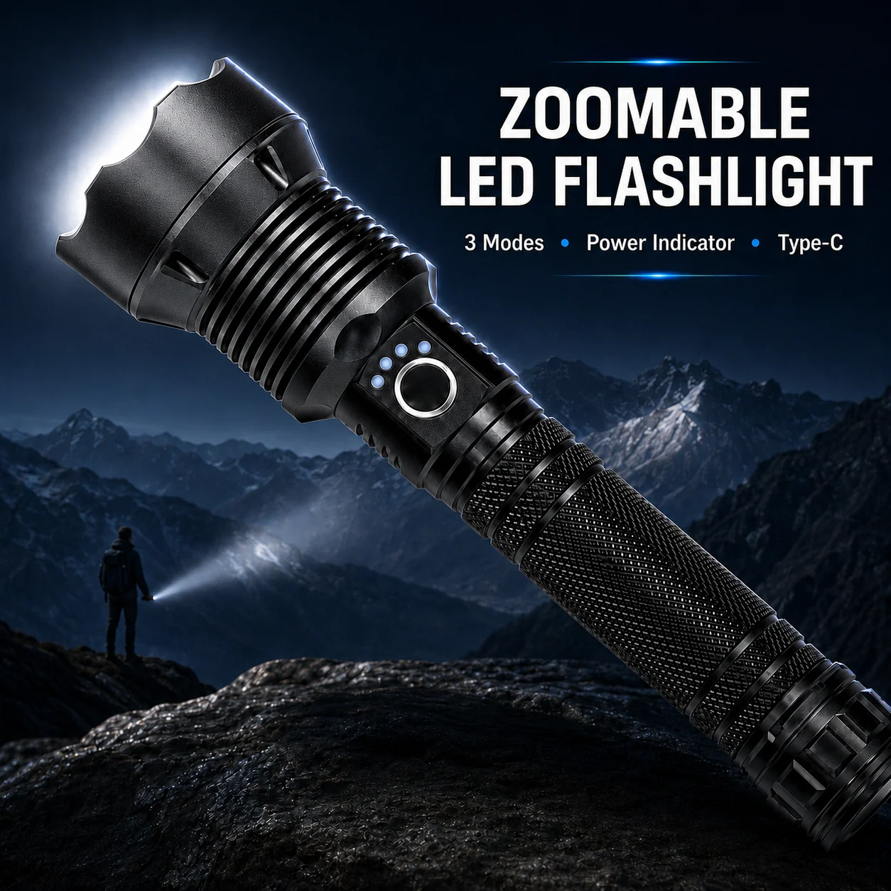 High-Intensity Led Flashlight, with Telescopic Zoom for Freely Switching between Far and Near Light, Power Display Design, Type-C Charging, Durable Plastic Anti-Slip Body, Large Headlight for Focused Illumination, Stable Grip, Suitable for Outdoor Camping, Hiking, Night Patrols, Power Outages, Home Repairs, Car Use, and Daily Lighting, Comes with Charging Cable, a Portable and Practical Lighting Tool for Multiple Scenarios, Ideal for Both Personal Use and as a Gift