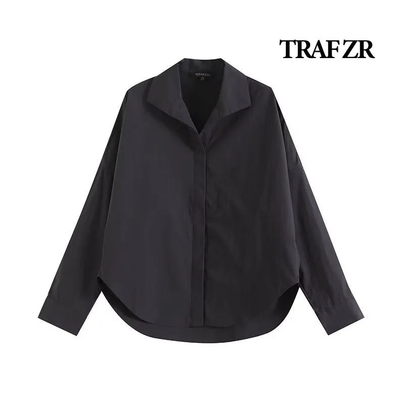 TRAF ZR Cotton Blouses for Lady Harajuku Fashion Y2K Tops Black Autumn Blouse Long Sleeve Shirt Elegant Women's Luxury Blouses