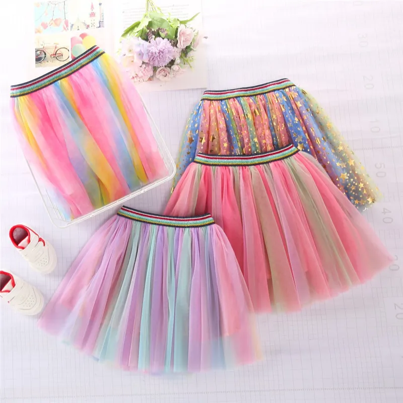 Children\'s Rainbow Mesh tutu Skirt for Girls Clothing Princess Kids Birthday Princess Show Dance Waist Skirt