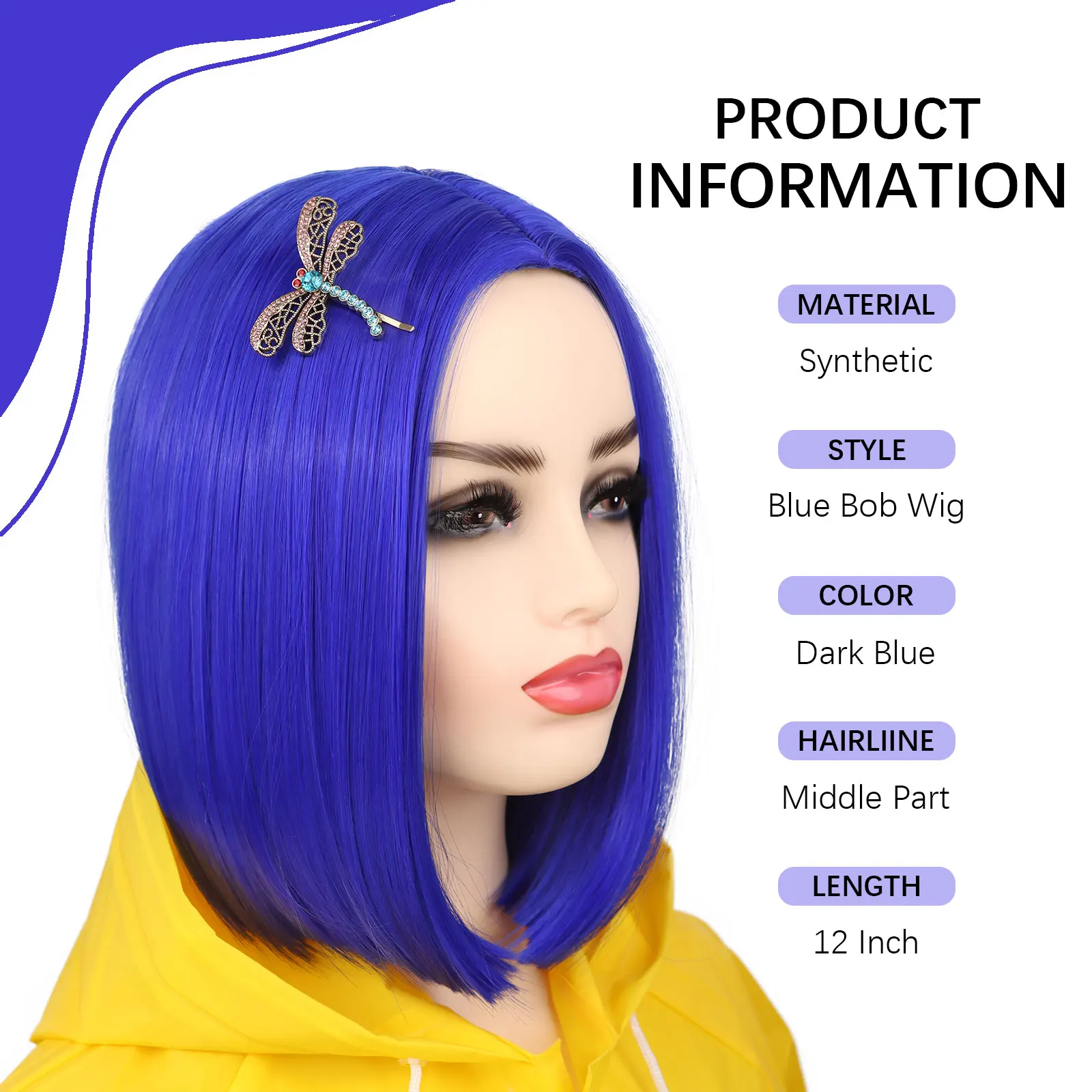 Synthetic Coraline Blue Wig Short Straight Bob Wig Heat Resistant Synthetic Wigs for Halloween Cosplay Party