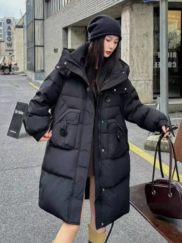 Women Down Jacket 2025 New Winter Parkas Fashion Casual Hooded Thick Mid-Length White Duck Puffer Coat Tops Female Outerwear