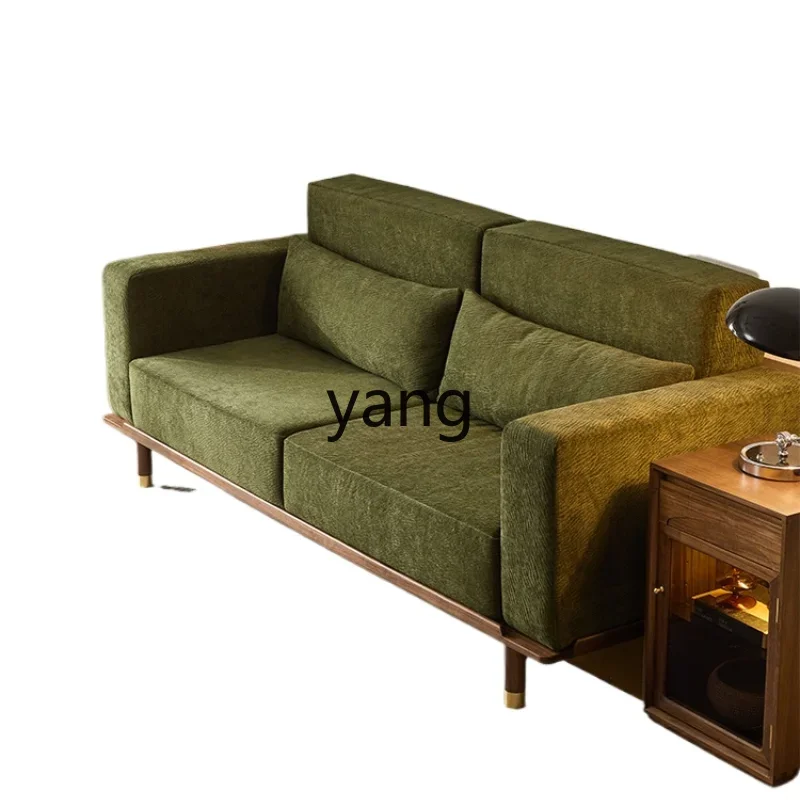 

Yjq Fabric Sofa Vintage Solid Wood Three-Seat Small Apartment Living Room Modern Minimalist Black Walnut Wooden Furniture