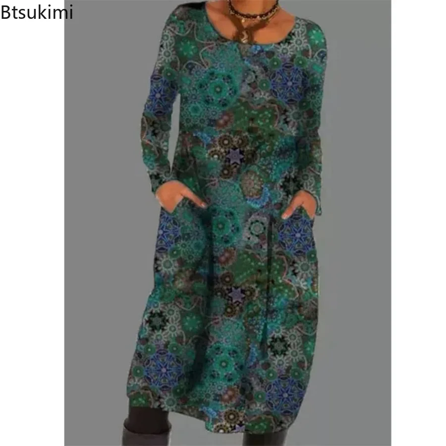 فستان نسائي فضفاض عتيق موديل 2025 مكشكش لربيع وخريف جديد مطبوع بأكمام طويلة فستان بوهو غير رسمي للحفلات