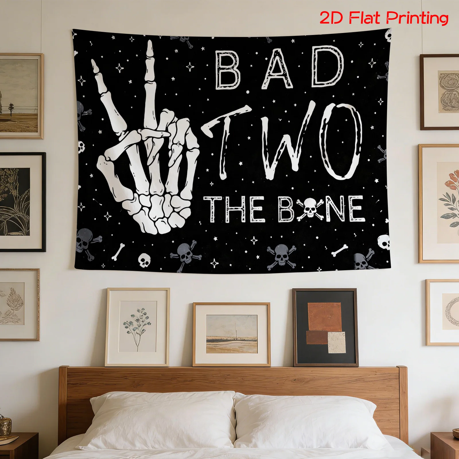 VIKAMA Dark Fun Skull Gesture Tapestry Wall Hanging Home Decor for Bedroom Living Room Dorm BAD TO THE BONE Alphabet