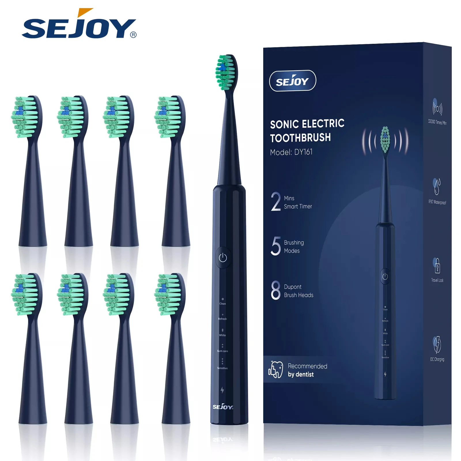 Sejoy Whitening Sonic Toothbrush 8 Brush Heads 5 Modes Smart Timer Rechargeable Electric Toothbrush Personal Care Appliances