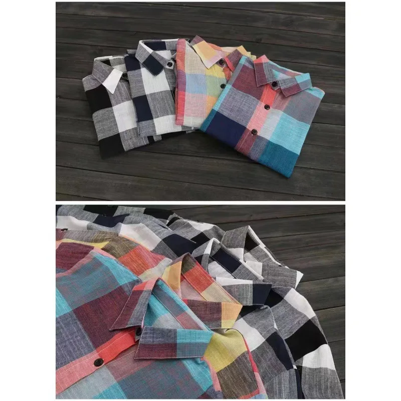 New Women\'s 2024 Summer Patchwork Square Collar Button Plaid Fashion Loose All-match Mid Length Long Sleeved Blouses Shirts