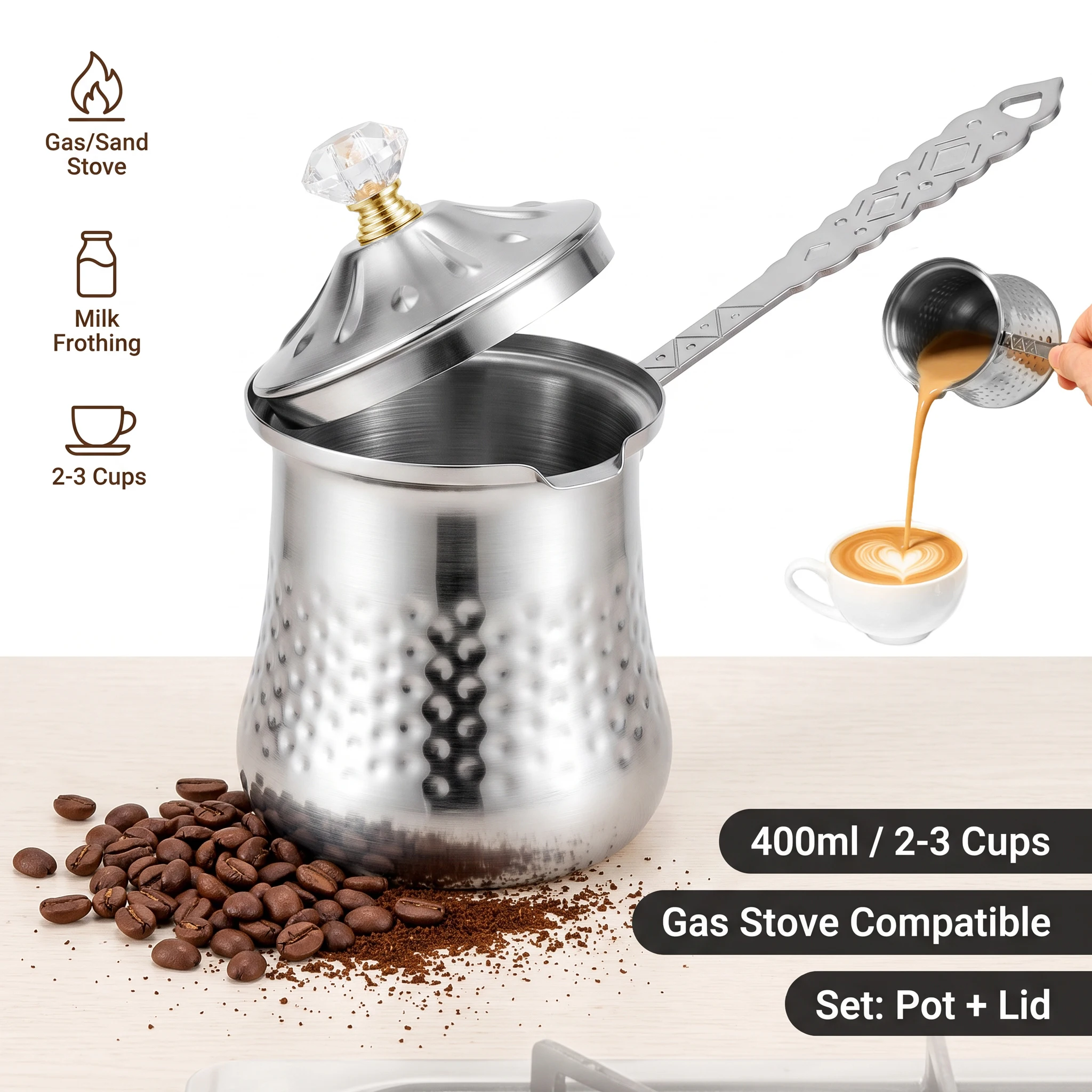 400ml Turkish Coffee Pot Stainless Steel Arabic Coffee Pot Hammered Cezve Greek Coffee Pot with Handle Chocolate Warmer Cezve