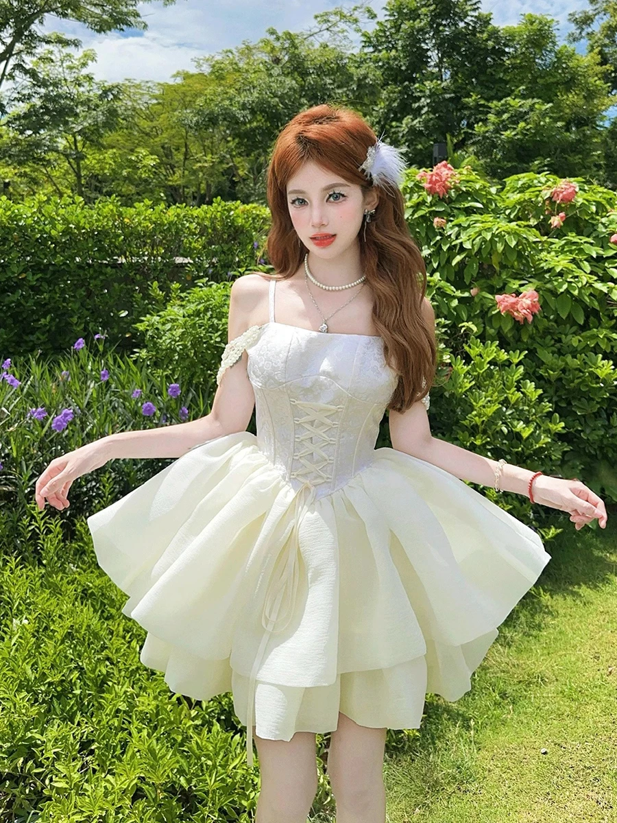 REDDACHiC Princess Women Tulle Tutu Gown with Pearl Chain Tie Front Jacquard Camisole Puffy Mini Cake Dress Party Summer Clothes