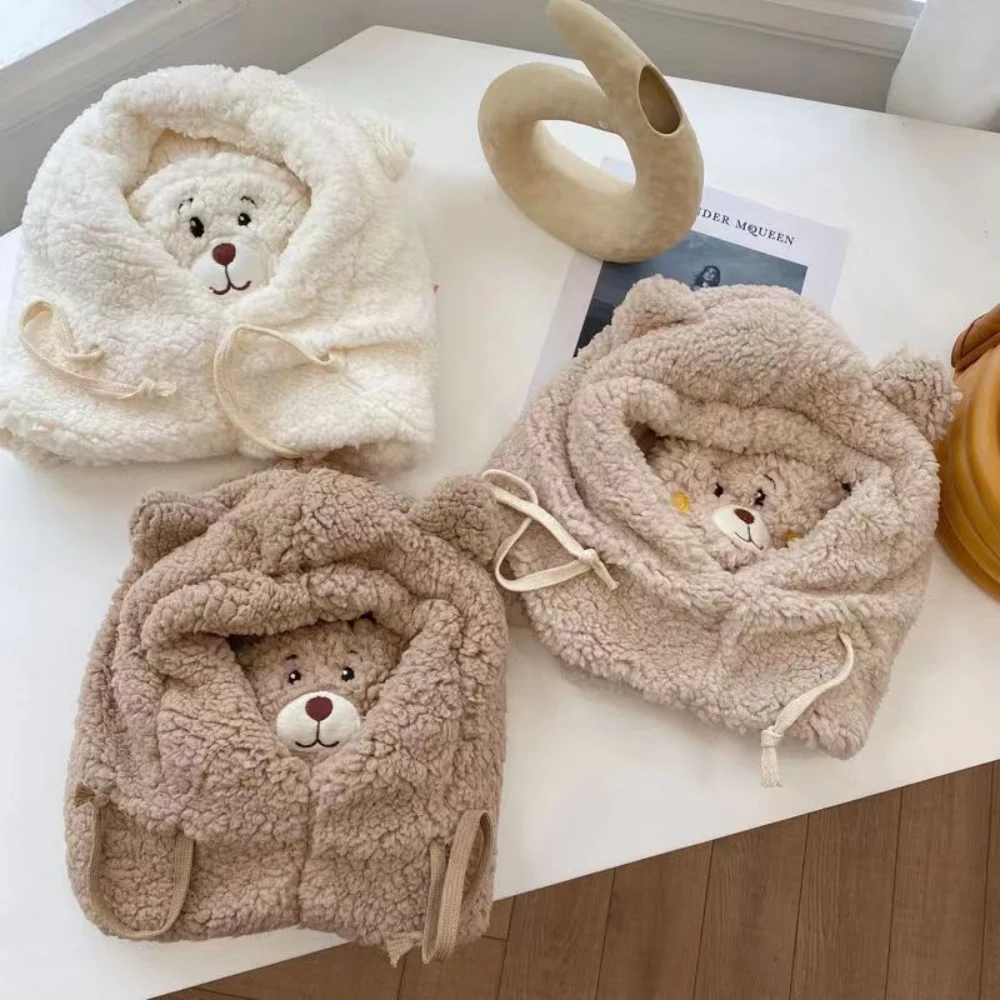 New Cute Bear Ear Plush Hat Scarf Face Mask Set Winter Women Beanies Cap Baby Thick Warm Hood Cap Outdoor Windproof Hats