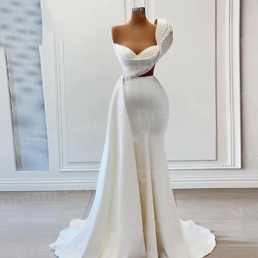 Charming Mermaid Women's One Shoulder Sleeveless Pearl Evening Dresses Customized Party Prom Gowns Vestidos Para Mujer Elegantes