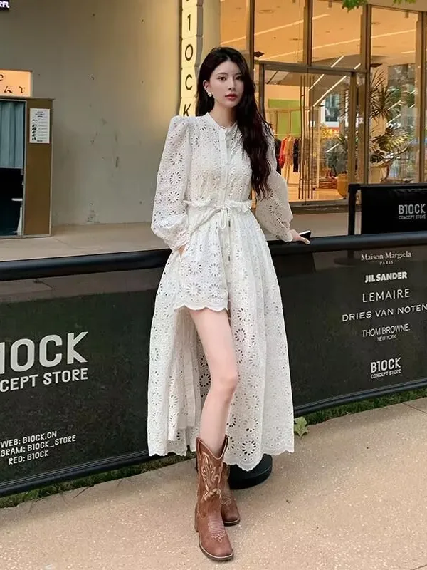 

Fashionable White Lace Dress Set Women's Design Slimming Hollow out Skirt Spring Summer New Arrival Korean Style