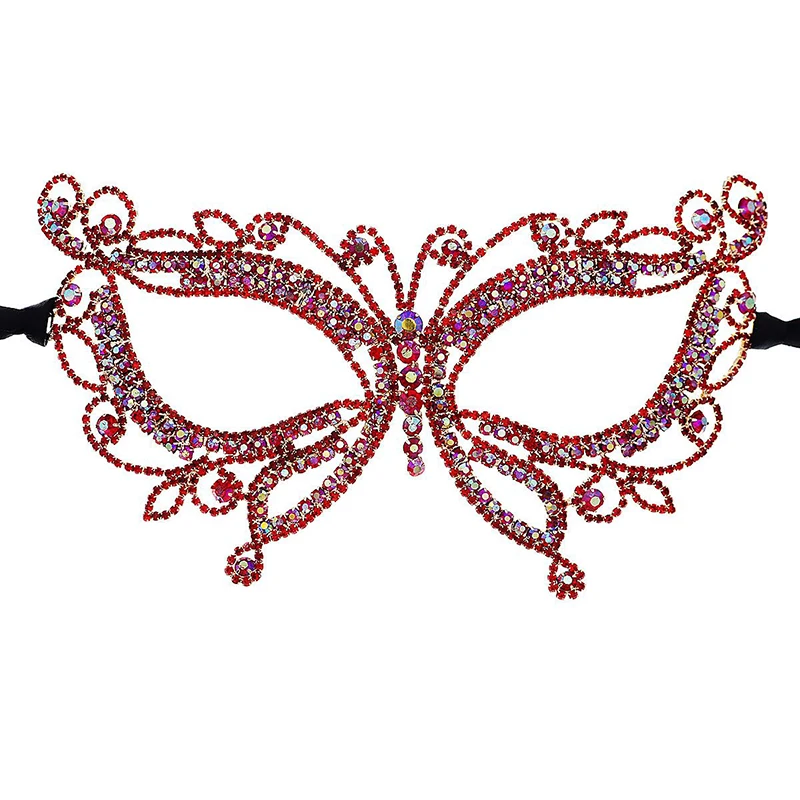 Butterfly Rhinestones Women Masquerade Masks Shiny Jewelry Accessories Elegant Stage Catwalk Carnival Cosplay Evening Prom Red