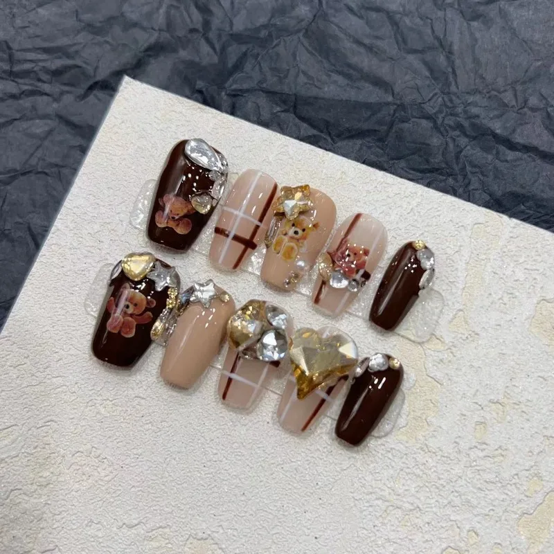 10Pcs /Set Full Cover False Nails Press on Nails Diy Handmade Patch Removable Fake Nails Cute Stuffed Bear Flash Diamond