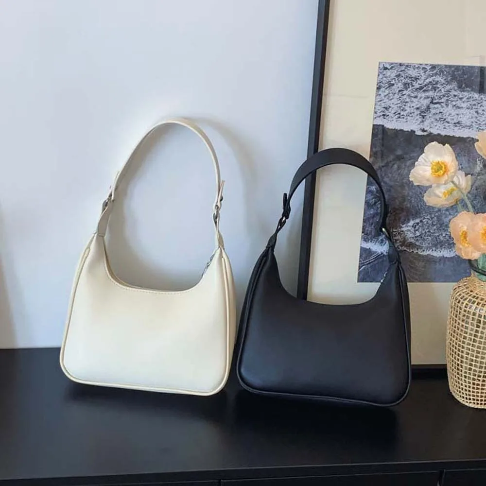 

Storage Bag Wide Strap PU Hobo Bag White Solid Color French Underarm Bag Large Capacity Anti-Splash Texture Handbag School