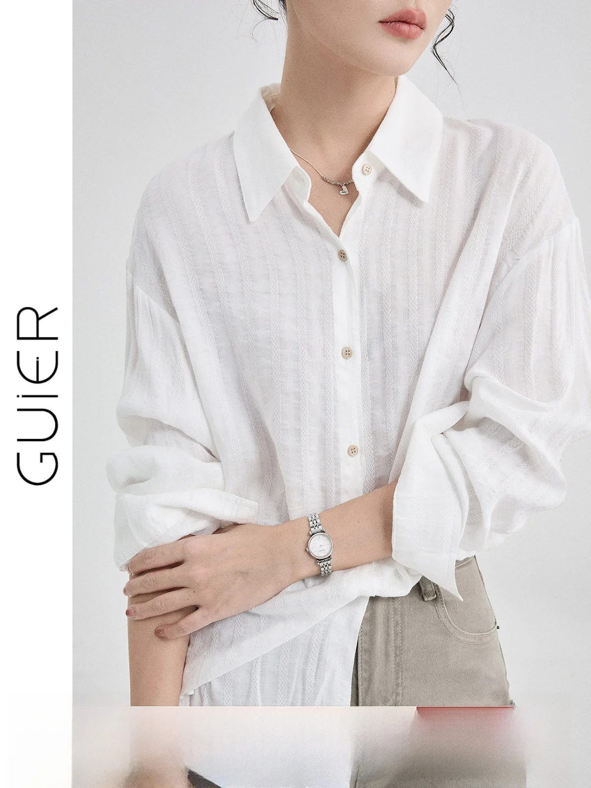 

White Striped Casual irt for Women Spring 2026 New Sle Versatile Simple Elegance Guier Brand Loose Fit Long Sve C...