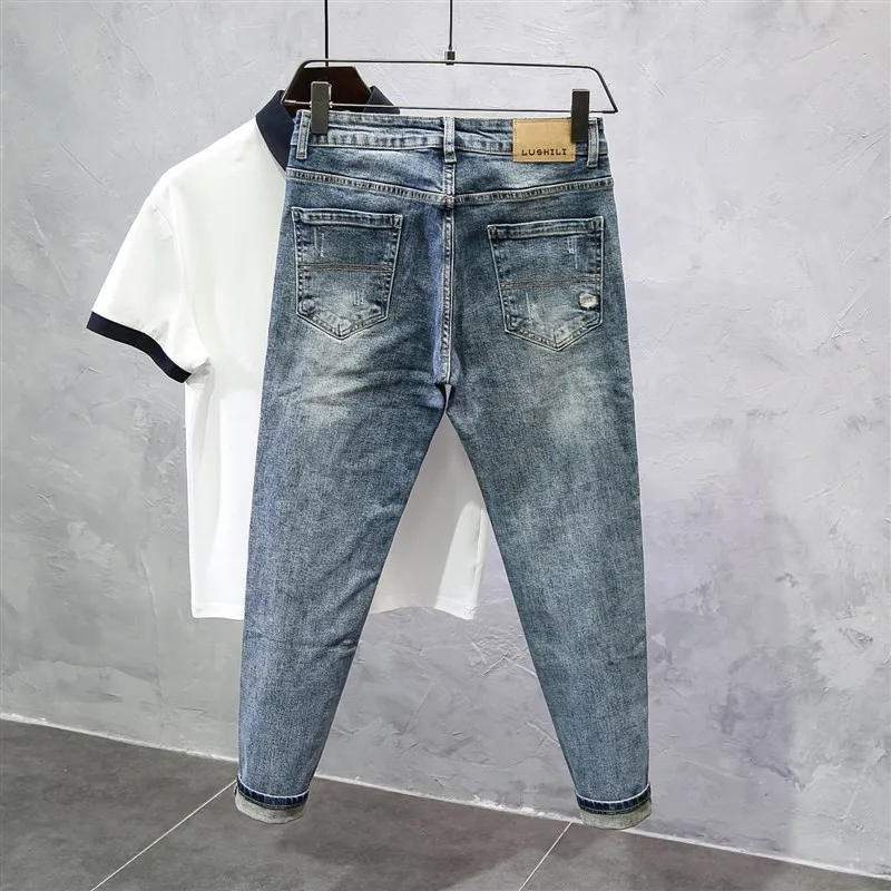 Retro Blue Men's Jeans Spring Autumn New Korean Version Fashionable Patchwork Embroidery Slim Fit Nine Points Pants