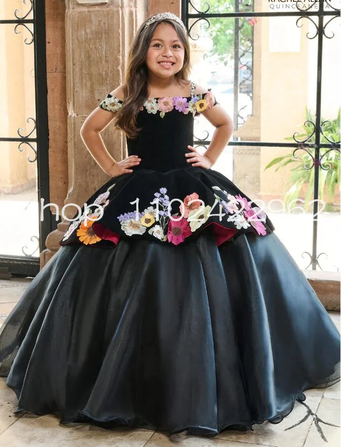 Mini robes de Quinceanera florales personnalisées pour filles, velours à lacets floraux 3D, petites robes de princesse, Off Initiated