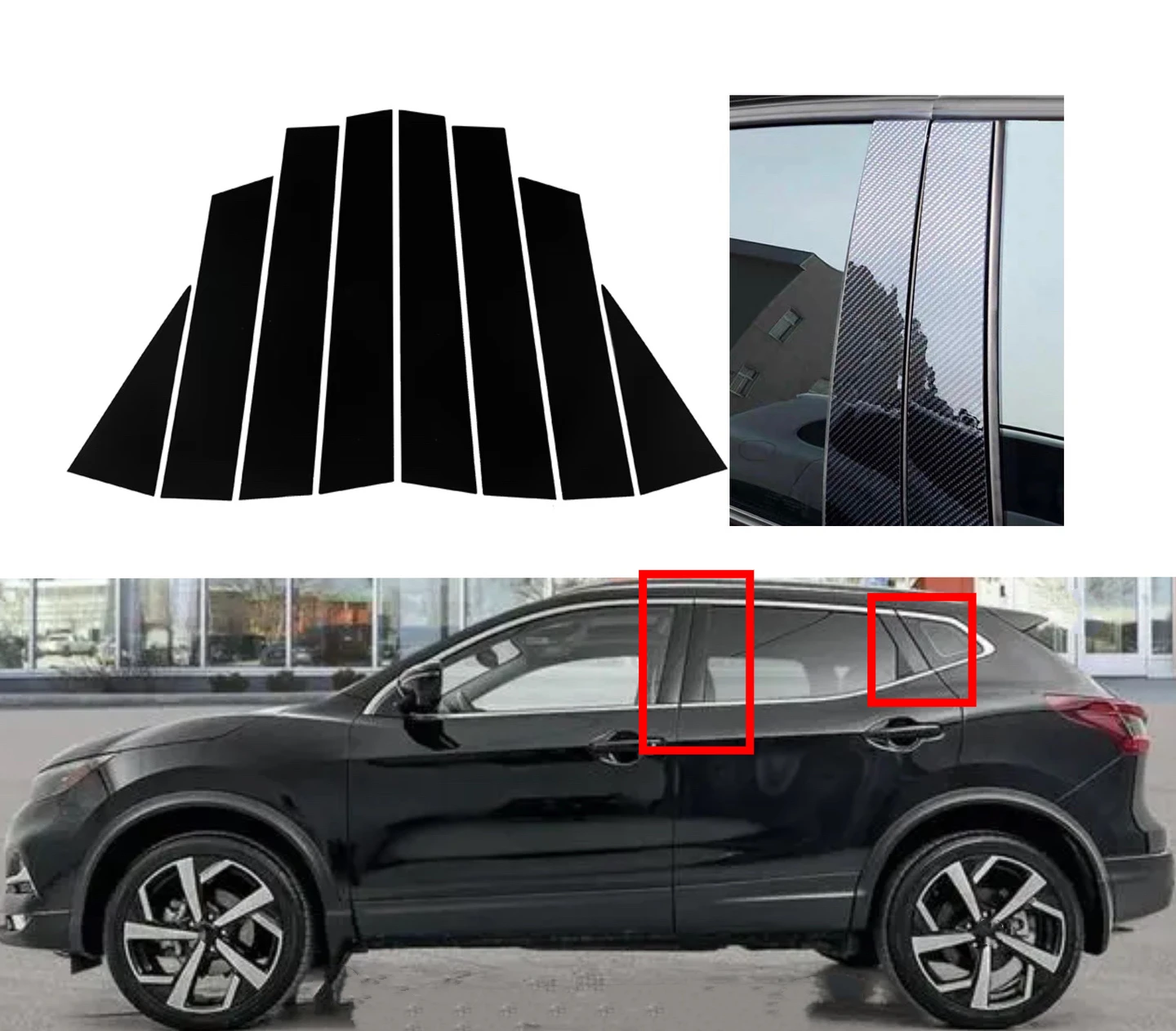 

8PCS Glossy Black Pillar Posts Silver Carbon Fit For Nissan Qashqai J11 2016-2022 Door Window Molding Cover Trims Stickers