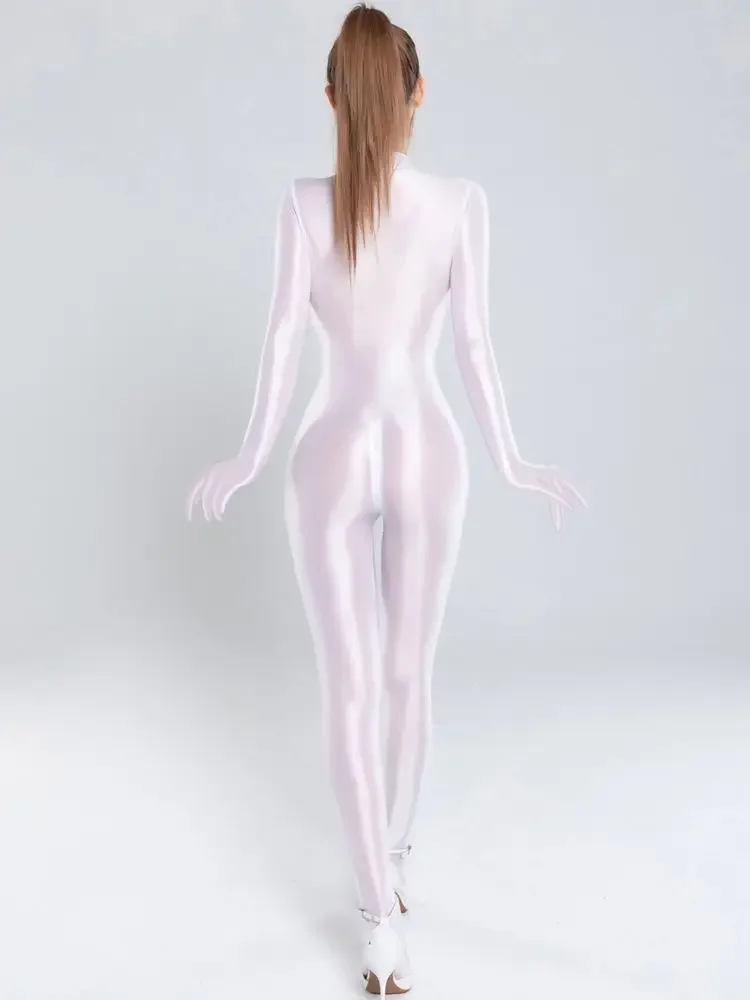 Pantimedias Zentai brillantes para dedo, Body con cremallera, mono con entrepierna abierta, leotardo transparente Sexy, lencería unida, Catsuit