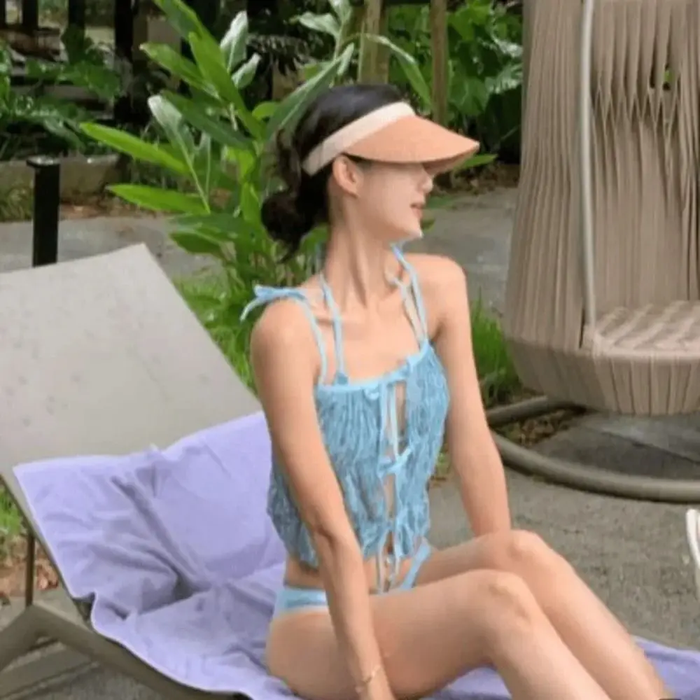 Neck-Mounted Design Thermal Spring Swimsuit Slimming Cut Split Style Hollow Out Bikini Hollow Out Design Tie-Dye Pattern