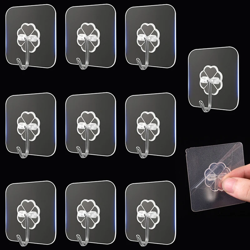 10Pcs Transparent Stainless Steel Strong Self Adhesive Hooks Key Storage Hanger for Kitchen Bathroom Door Wall Multi-Function