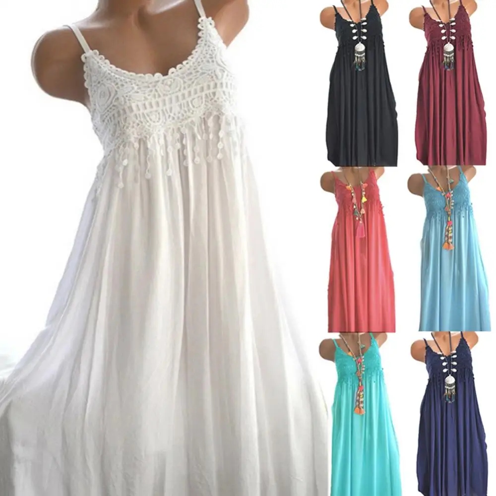 Loose Slip Dress Women Vintage Crocheted Lace Summer Beach Dresses Solid Color Sleeveless Maxi Dress Party